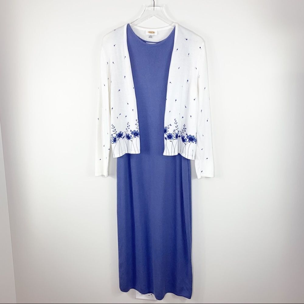 TALBOTS Sleeveless Scoop Neck Knight Maxi Dress w/White/Blue Floral V-Neck Cardi